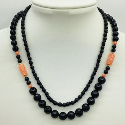 Sale Photo Thumbnail #129: 14K Yellow Gold Carved Angelskin Coral Black Beaded Necklaces (2)