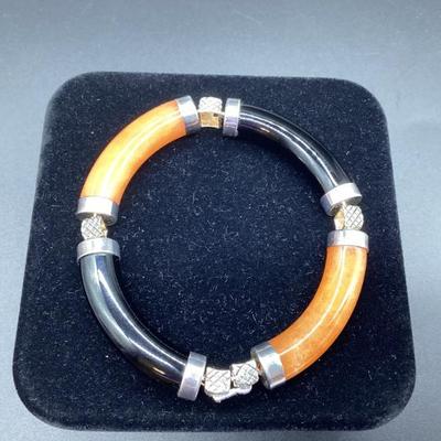 Sale Photo Thumbnail #74: Sterling Silver, Jade, and Onyx Bangle Bracelet