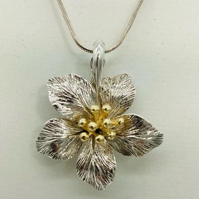 Sale Photo Thumbnail #118: 14K and Sterling Silver Flower Pendant on Sterling Silver Snake Chain