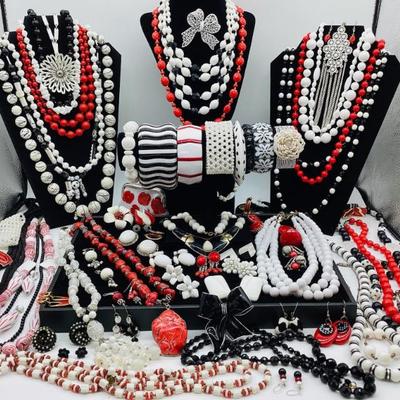 Red, White, and Black Retro Fashion Jewelry; some signed