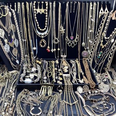 Sale Photo Thumbnail #100: Giant Gold Tone Lot of Costume Jewelry: Some Vintage, Signed