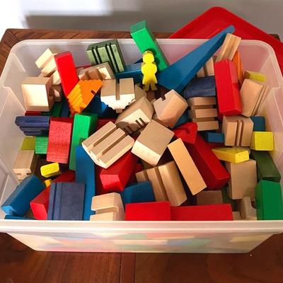 Bin Of Wooden Blocks And Wood Toy Furniture 