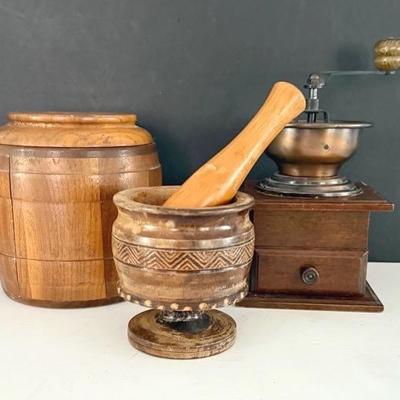 Vintage Wooden Humidor, Coffee Grinder, and Mortar & Pestle