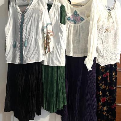 Bohemian Style Embroidered Cotton Blouses (4) and Maxi Broomstick Skirts (4)