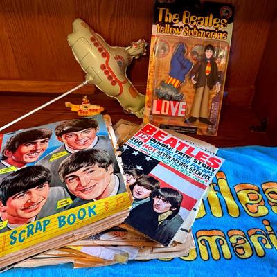 Beatles Ephemera With Scrapbook, Yellow Submarine Towel, Figure, Ornament