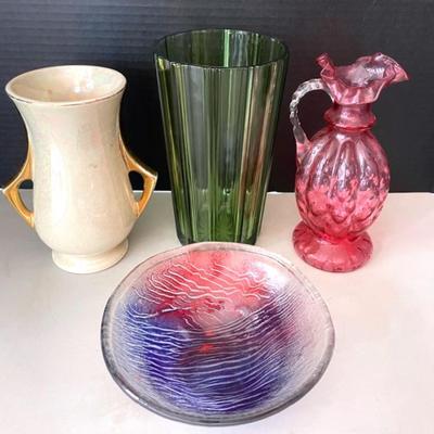 Fenton Cranberry Glass Melon Pitcher, Pearlescent Vase With Art Glass Bowl 