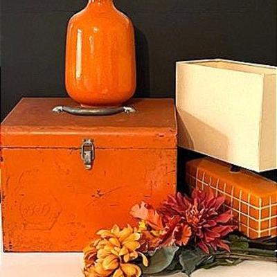 Orange Decor with Vintage Tool Box, Lamp and Vase