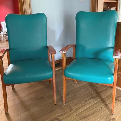 Pair Of MCM Turquoise Vinyl And Wood Side Chairs