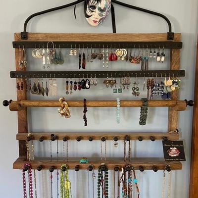 Costume Jewelry With Oak And Iron Hanging Rack