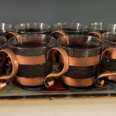 MCM Hammered Copper And Glass Mugs On Tin Christmas Tray