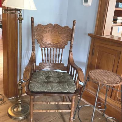 Oak Pressed Back Side Chair With Brass Swing Arm  Floor Lamp And Stool 