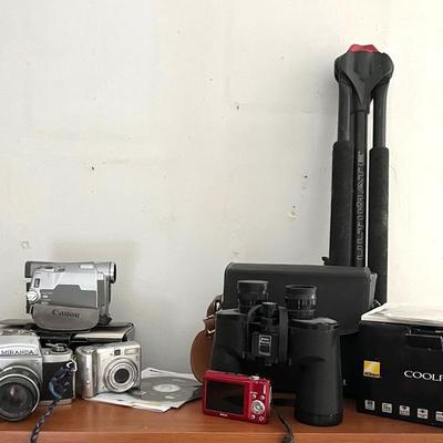 Camera Group with Nikon, Canon and Miranda Plus Bushnell Binoculars 