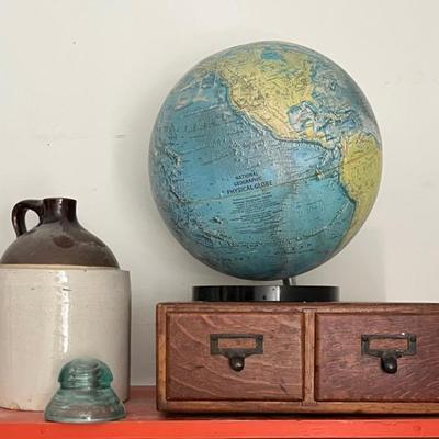 Vintage Items with 1979 Globe, Macey Card File, Jug, AT&T Insulator
