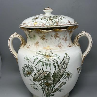 Antique Warwick semi-porcelain jardiniere with handles & lid