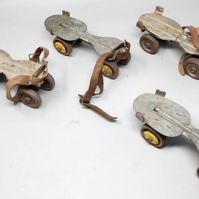Two Pairs Of Antique Roller Skates, Adjustable W/ Leather Straps