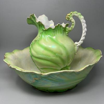 Antique Iridescent "Nautilus Serpent" style washbasin & pitcher