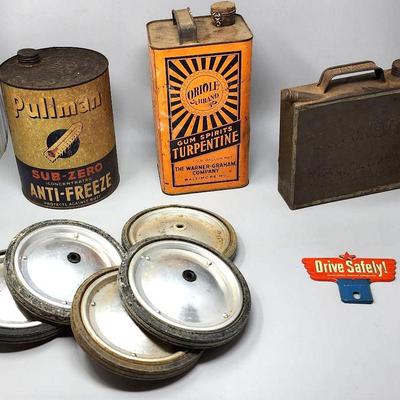 Antique Tin Cans, Petroleum Advertisement Sign & Vintage Pedal Car Wheels