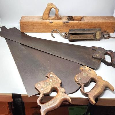 Antique Hand Tools - Saws, Planer Block & Iron Clad Hanging Scale