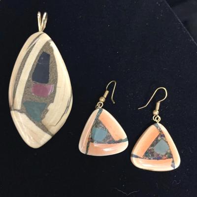 Mammoth Fossil with Rhodocrosite, Onyx, Gold Inlay Pendant and Earrings