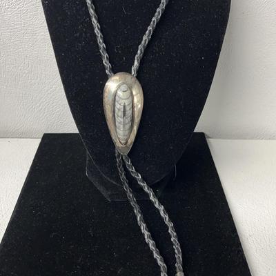 Orthoceras Fossil On Silverplate Bolo Tie, Black Leather