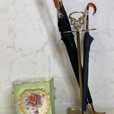 Brass Umbrella Stand & Porcelain Wastepaper Basket