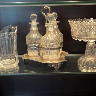 3 Crystal Decanter Set With Silver On Copper Stand, Footed Crystal Bowl And Pitcher 