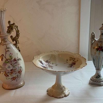 Antique Handled Porcelain Vase, Antique Porcelain Pedestal Bowl And Porcelain Lidded Urn
