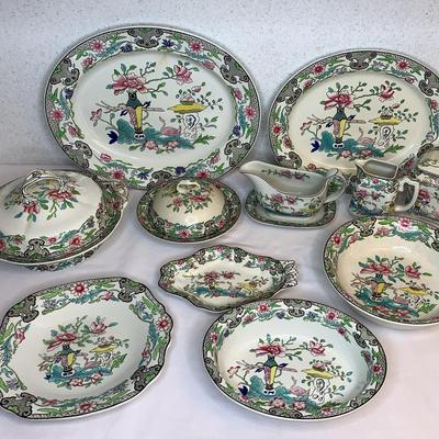Antique Masons Patent Ironstone China Colorful Oriental Pheasant China -Serving