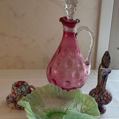 Handmade Murano Glass Italy, Thumbprint Cranberry Pitcher And Green Opalescent Candy Dish