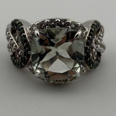 Sterling Silver 7 Carat Cushion Green Amethyst Ring 