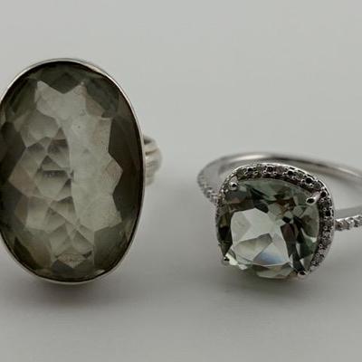 Two Sterling Silver 4 Carat & 15 Carat+ Green Amethyst Rings