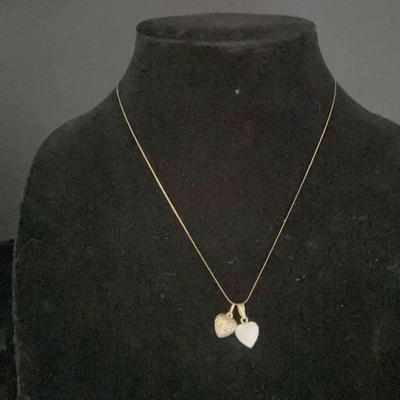 Gold Necklace With Gold Heart Pendant And Mother Of Pearl Pendant 