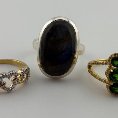 Sterling Silver Labradorite, Diopside & Diamond Rings