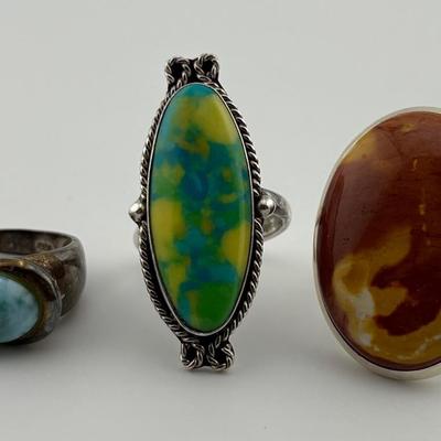 Three Sterling Silver Larimar & Jasper Rings