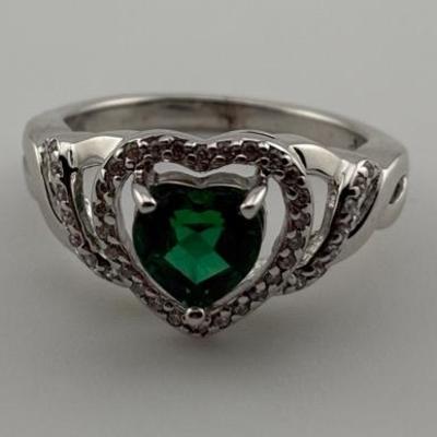 Sterling Silver 1 Carat Heart Emerald Ring