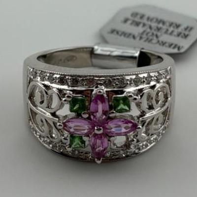 14k White Gold Pink Sapphire, Emerald & Diamond Ring