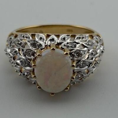 14k Yellow Gold White Opal & Diamond Ring