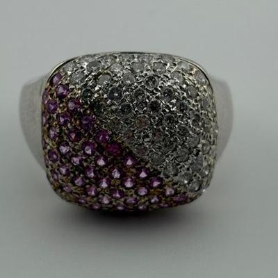 14k White Gold Diamond & Pink Sapphire Pavé Ring