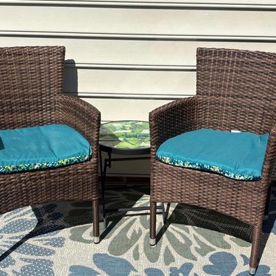 Pair Of Outdoor Wicker Patio Chairs & Round Accent Table