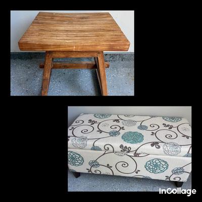 Upholstered Storage Ottoman & Teak Table/Stool