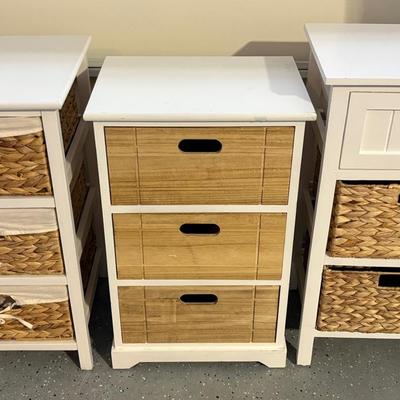 Three Small White Storage Cabinets With Baskets/Crates