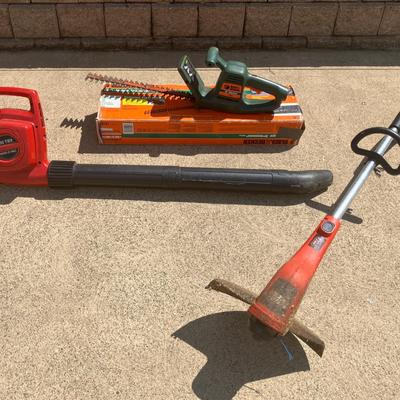 Black and Decker Hedge Trimmer, String Trimmer, and Toro 550 TBX Rake-O-Vac Leaf Blower 