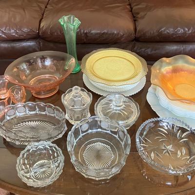 Assortment of Depression, Carnival, Uranium, Fostoria, and Cut Glass