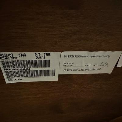 Ethan Allen Wayfarer Console Authenticity Label