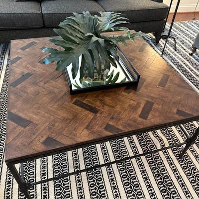 Square Cocktail Table with Parquet Top and Iron Legs