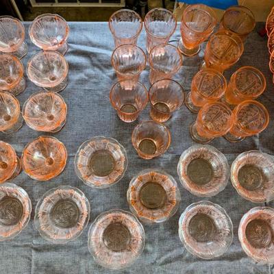 Pink Jeanette pink depression glass. Cherry blossom pattern