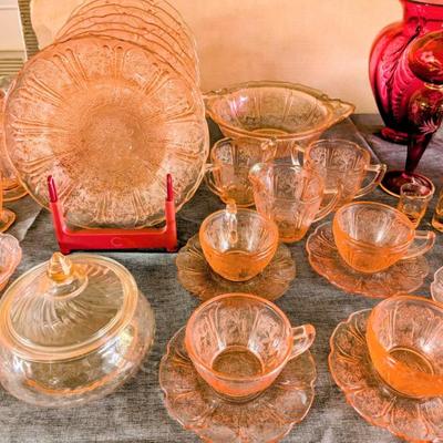 Pink Jeanette pink depression glass. Cherry blossom pattern