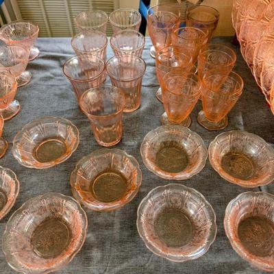 Pink Jeanette pink depression glass. Cherry blossom pattern