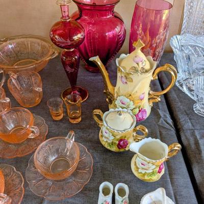 Antique R.S. Prussia red stamped tea set: tea pot, sugar bowl and creamer