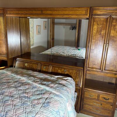 Vintage Oak Bedroom Wall Unit with Mirror and Storage